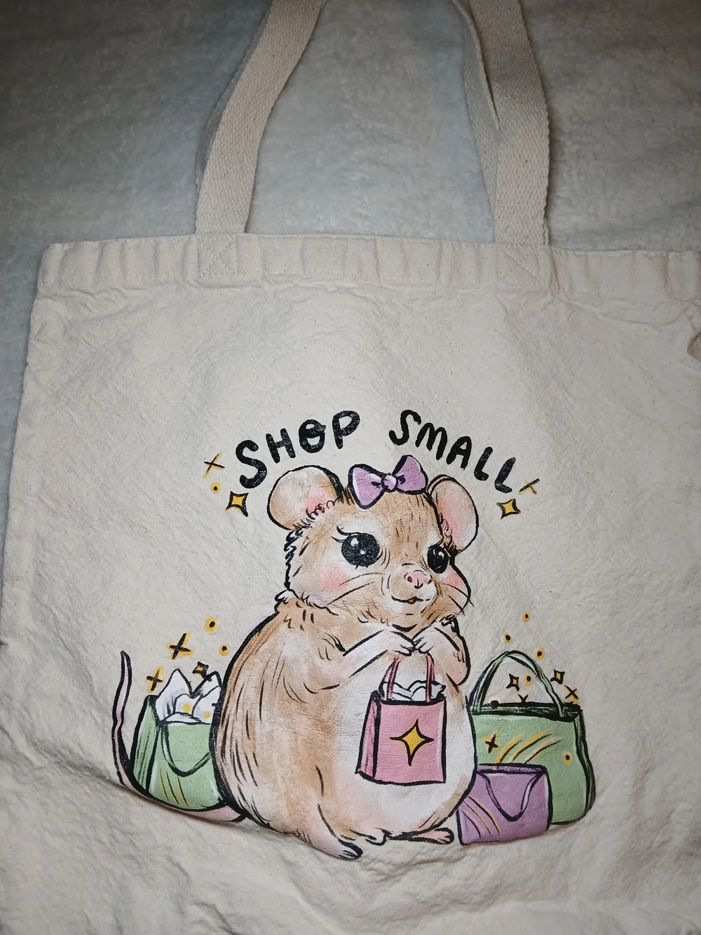Canvas Tote Bag with Cute Hamster 'Shop Small' Print - Pink & Green